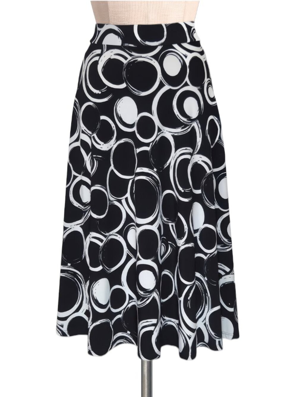 LILY Black White Circle Print Pull Up Stretchy A-Line Skirt XL